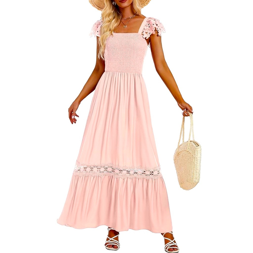 Smocked Bodice Pink Maxi Dress with Lace Trim
